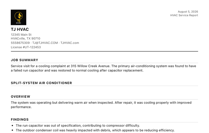 A finished HVAC service report produced by JobScribe